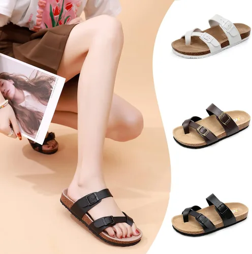Miniatura 2 de Women's Cork Footbed Sandals - Cow Suede Slide Sandals for Women Toe Loop with Adjustable Strap Buckle Open Toe Beach Sandals