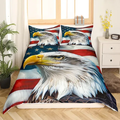 Miniatura 3 de Juego de ropa de cama de bandera estadounidense tamaño individual para habitación de niños y niños, juego de funda de edredón de águila calva, funda
