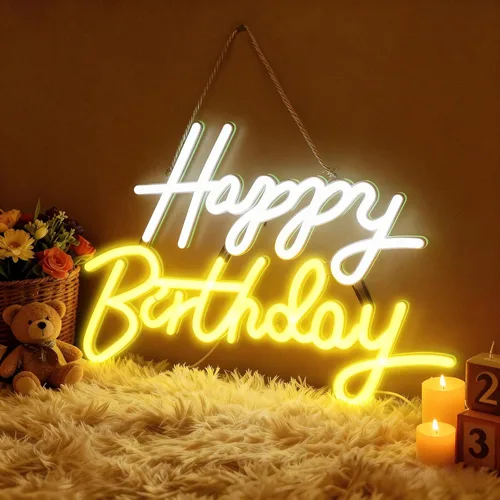Letrero de neón de feliz cumpleaños, letrero de neón para decoración de pared, luz de neón regulable alimentada por USB, letrero LED de feliz