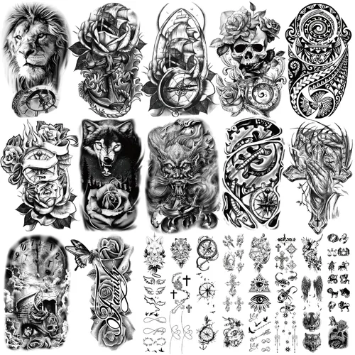 Miniatura 9 de Tatuaje Temporal de Brazo Completo Impermeable para Hombres (L22.8" x A7"), 46 Hojas de Tatuajes Falsos para Mujeres León Tigre Reloj Flor Esqueleto