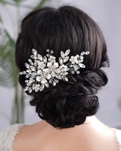 Miniatura 7 de Peine de pelo con diamantes de imitación de cristal azul plateado, perlas, lágrima, diamantes de imitación, diadema de boda para mujeres y niñas