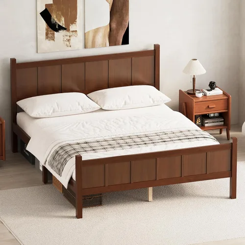 Miniatura 16 de Bellemave Cama de panel plano de tamaño individual con cabecero y estribo, cama de plataforma minimalista y moderna con acabado de grano de madera