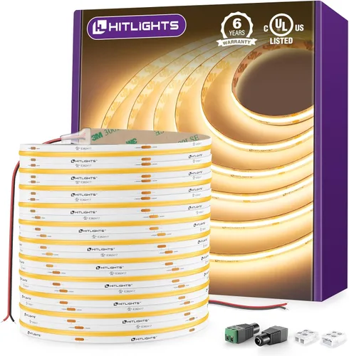 HitLights - Tira de luces LED COB de color blanco cálido de 3000 K, cinta de luz de alta densidad de 32.8 pies de 24 V, 5120 LED, 350+ lm/pies, CRI