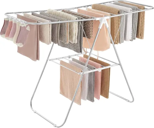 SONGMICS ULLR052W01 - Tendedero para ropa con pinzas para calcetines, estante de lavandería de metal, plegable, que ahorra espacio, colgador Plata +