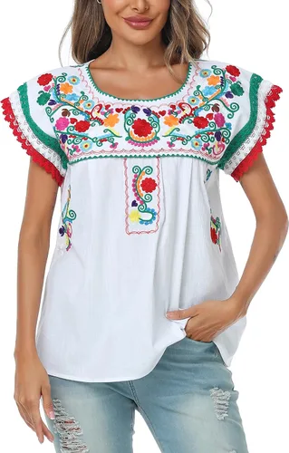 Miniatura 6 de YZXDORWJ Blusa tradicional colorida con encaje bordado mexicano para mujer, camiseta tricolor para el día de la independencia mexicana