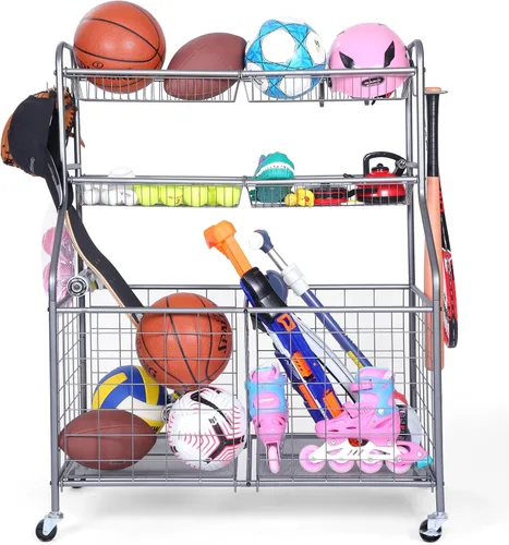 Kinghouse Organizador de equipo deportivo con ruedas, estante de almacenamiento de pelota de garaje para baloncesto, juguetes, para garaje,