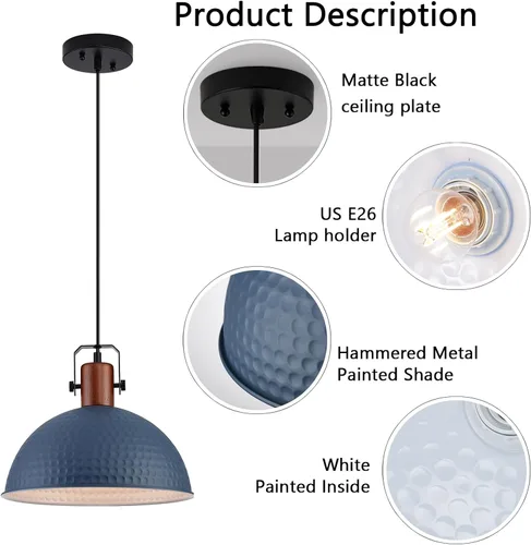 Miniatura 3 de Luces Colgantes Azules de 12 Pulgadas Martilladas Mate, Luces Colgantes para Isla de Cocina Estilo Industrial Granja, Altura Ajustable, Lámparas