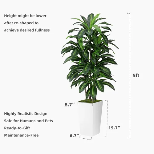 Miniatura 6 de Planta artificial de Dracaena para interior de 5 pies – Árbol falso con maceta alta blanca – Yuca sintética alta planta falsa en maceta – Árboles