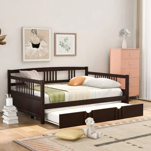 Miniatura 14 de Polibi Sofá cama de tamaño individual con dos cajones, marco de sofá cama de madera con rieles para sala de estar, dormitorio, color espresso