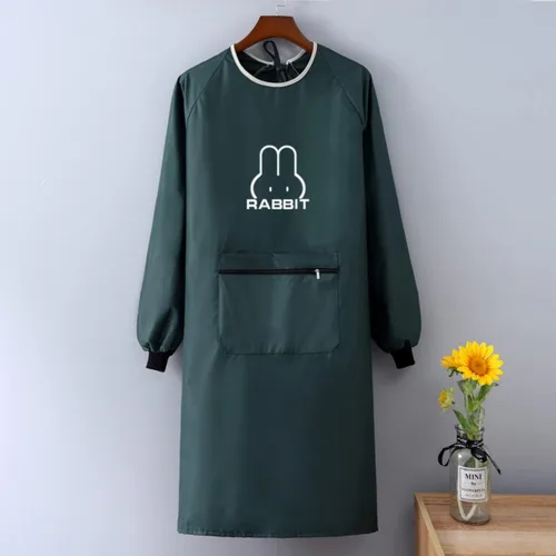 Miniatura 2 de Delantal de cocina para mujer con bolsillos grandes, delantal impermeable de manga larga para cocinar, hornear, limpiar el trabajo Verde