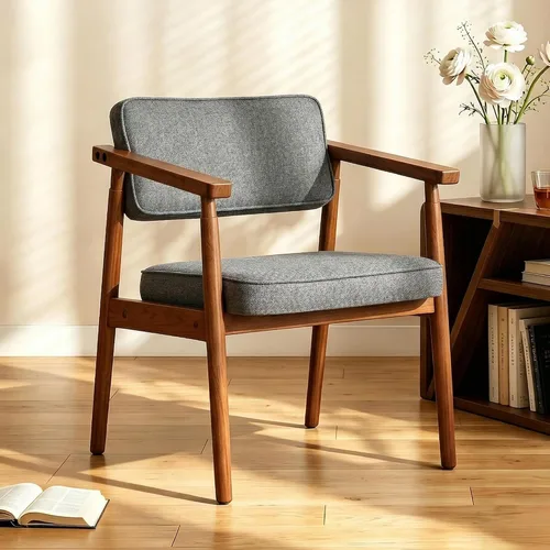 Miniatura 13 de LSSPAID Juego de 1 silla de comedor de mediados de siglo, sillón tapizado en tela de lino beige con reposabrazos de madera, respaldo cómodo, silla