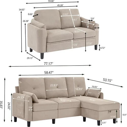 Miniatura 2 de Juego de sofá modular convertible, sofá en forma de L de 77 pulgadas con otomana y sofá biplaza de 48 pulgadas, sofás modernos para sala de estar