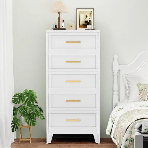 Miniatura 2 de Cómoda blanca de 5 cajones para dormitorio, cómodas y cajoneras de metal de 53.46 pulgadas de alto con diseño de esquinas curvas, cajonera Blanco