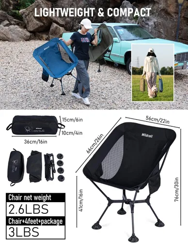 Miniatura 3 de WildCall Silla de camping plegable ligera con marco de configuración rápida, silla de playa compacta para mochileros con pies antideslizantes