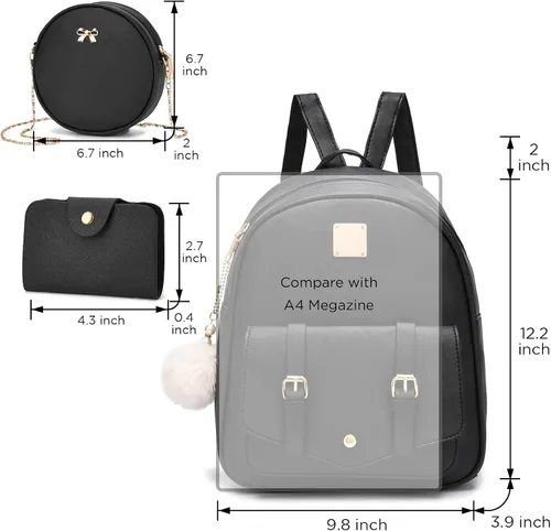 Miniatura 3 de Fahsion - Juego de 3 piezas de mochila de cuero para mujer, mochila para mujer, bolsa de libros para adolescentes y niñas