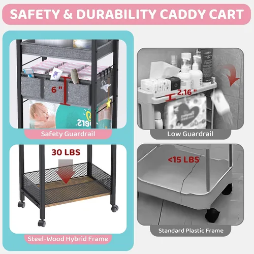 Miniatura 6 de Organizador de Pañales para Bebé 2 en 1 - Carrito de Almacenamiento Rodante de 3 Niveles con Divisores - Carrito de Pañales de Cabecera para Negro