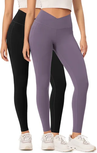 ODODOS ODCLOUD - Paquete de 2 leggings suaves de cintura cruzada con bolsillos para mujer, pantalones de yoga cruzados de 2528 pulgadas