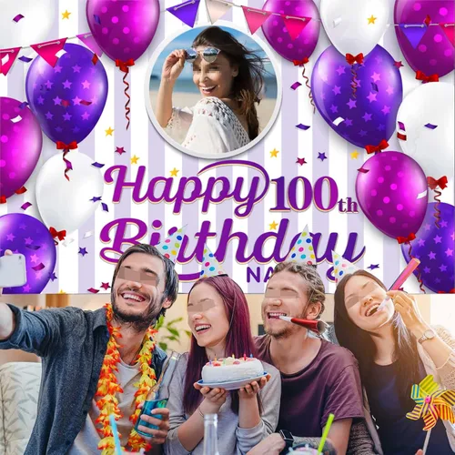 Miniatura 6 de Cartel decorativo personalizado de feliz cumpleaños número 100, personalización disponible, morado, tamaño grande - Fotos y nombres personalizados