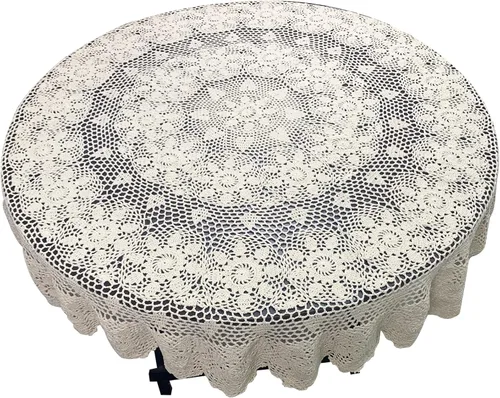 Miniatura 2 de USTIDE Mantel redondo de ganchillo de 70 pulgadas, superposiciones de mesa de encaje de algodón beige hecho a mano con diseño floral de ganchillo