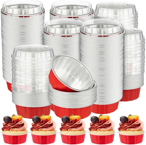 Miniatura 14 de Tessco for you 200 moldes desechables con tapas, 8 onzas, Ramekin Creme Brulee Ramekin, papel de aluminio, para cupcakes, para hornear, San plateado