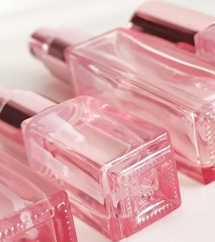 Miniatura 4 de Botellas de perfume de vidrio de 0.7 onzas líquidas, botellas vacías de perfume en aerosol rosa con tapa de oro rosa, recargable, portátil