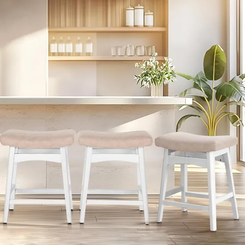 Miniatura 16 de ALPHA HOME Taburete de bar, taburete de cocina de silla de montar de madera maciza con cojín de tela de lino beige, taburete de bar de altura