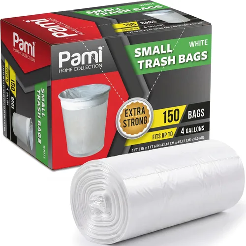 PAMI Pequeñas bolsas de basura blancas de 4 galones, 150 bolsas de basura de plástico multiusos fuertes sin perfume para cocina, baño, oficina,