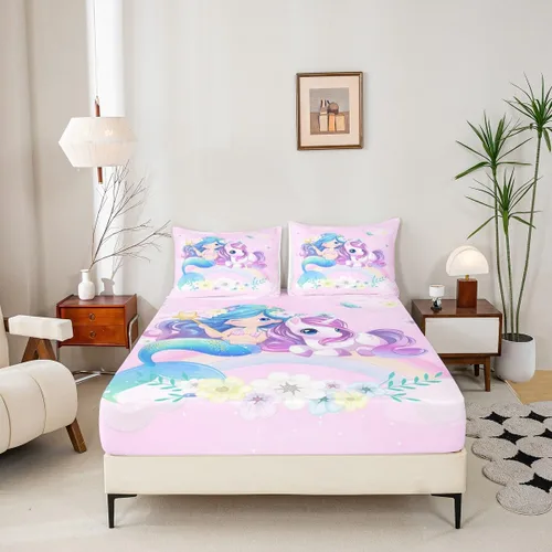 Miniatura 3 de Erosebridal Sábanas de cama de sirena azul para niñas, bonita sábana bajera ajustable de unicornio, 2 piezas, ropa de cama de arcoíris femenino