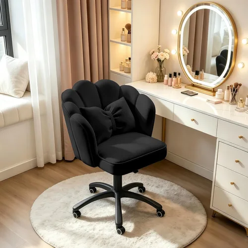 Miniatura 8 de Silla de escritorio Petal con cojín de arco, silla de terciopelo con ruedas, silla tapizada para oficina en casa para niñas y mujeres, sillas Negro