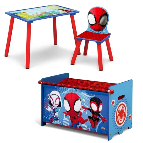 Delta Children Marvel Spidey y sus sorprendentes amigos Juego de 3 piezas para cuarto de juegos infantil – Incluye mesa, silla y caja de juguetes,
