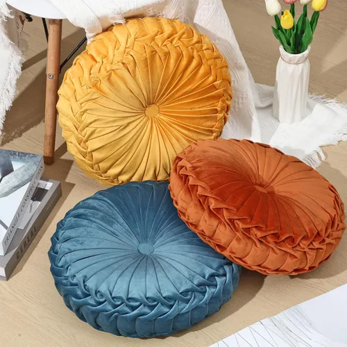 Miniatura 4 de Drydiet 3 Piezas Almohadas Redondas Decorativas de Terciopelo Plisado Almohadas de 15'' de Diámetro Acento Calabaza Boho Cojín de Silla para Sofá