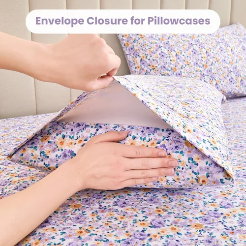 Miniatura 4 de Mooreeke Sábanas de cama Queen con estampado floral, ropa de cama impresa de microfibra suave y fundas de almohada, sábana vintage Queen de bolsillo