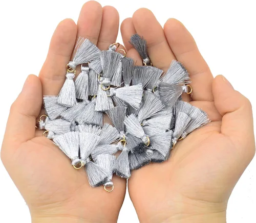 Miniatura 6 de 50 piezas de 0.8 pulgadas (0.8 in) mini borla suave hecha a mano de hilo sedoso con anillo de salto dorado dorado para mujer, aretes para hacer