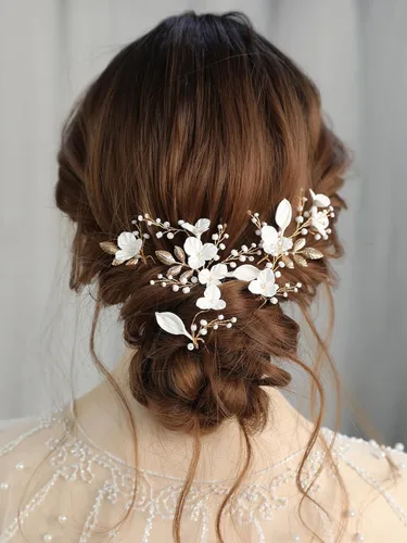 Miniatura 3 de Horquillas de perlas con cuentas, 6 piezas, tocado de novia hecho a mano, flor 3D en forma de uña, hada, novia, piezas de cabello para boda, hoja