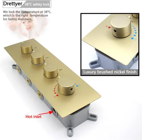 Miniatura 2 de Válvula mezcladora termostática de ducha con botón pulsador de 3 funciones de latón oculto control desviador para cabezal de ducha dorado cepillado