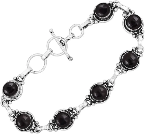 Miniatura 8 de Round Shape Natural & Synthetic Gemstones Silver Plated Bracelets for Women - Vintage Bohemian Style Handmade Birthstone Adjustable Link Bracelet