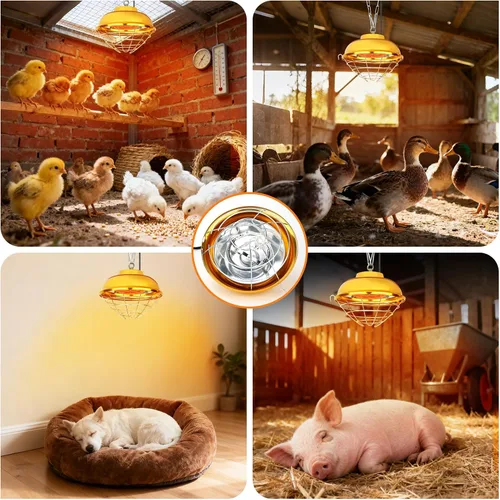 Miniatura 7 de Lámpara calefactora de gallinero de 300 W, lámpara de calor impermeable para pollos con 2 etapas, calentador para pollitos con cadena