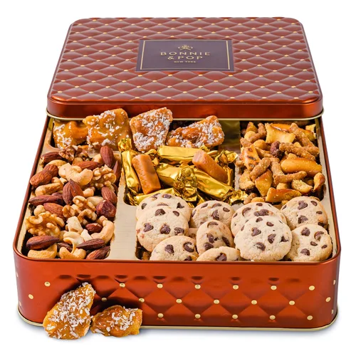 Cesta de regalo dulce y salada de caramelo y frutos secos para regalos de verano, papá, hombres, mujeres, fiestas de cumpleaños | Caja de lata