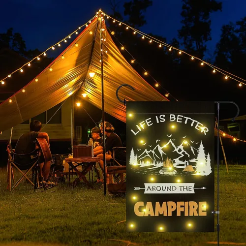 Miniatura 5 de Bandera de jardín para campamento con luces LED, 12 x 18 pulgadas, arpillera vertical de doble cara para campamento, hoguera, banderas de jardín