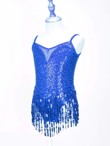 Miniatura 3 de Xnihocha Vestido de baile latino con borlas y lentejuelas brillantes para niñas y niñas, falda tutú, leotardo, moderno, disfraz de salón de jazz