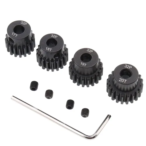 Juego de 4 engranajes de piñón de acero metálico 32P 0.197 in 17T 18T 19T 20T con llave hexagonal para autos RC (compatible con paso métrico de 0.8)