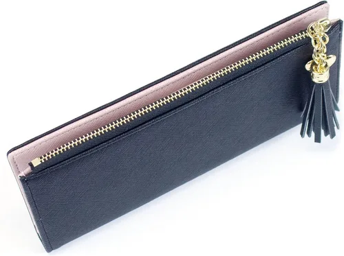 Miniatura 4 de Sumgogo - billetera delgada para mujer, con borlas largas, cierre zipper, monedero, bolso de mano, tarjetero, Negro, Grande, Minimalista