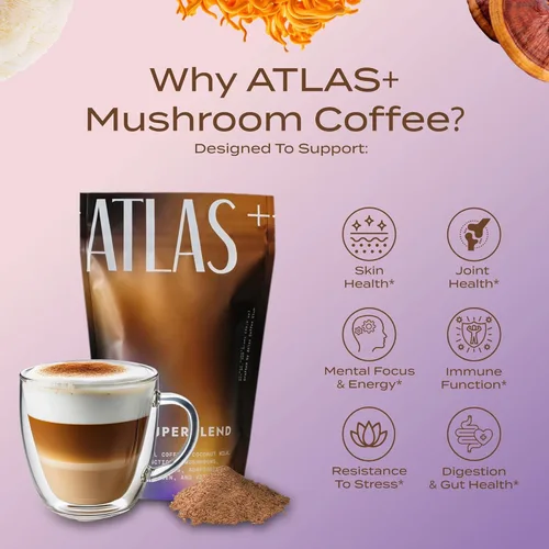 Miniatura 2 de Atlas+ - Supermezcla de café con leche y hongos – Café premium con colágeno, probióticos, D3 y B12, melena de león, Reishi, Cordyceps, Coco