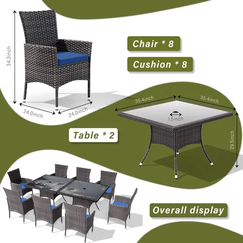 Miniatura 5 de Juego de 10 piezas de comedor para patio al aire libre, mesa de patio y sillas de ratán con agujero para paraguas, juego de mesa de comedor para 8