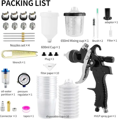 Miniatura 7 de Pistola de rociado HVLP con 10 piezas de tazas desechables de pintura de 650ML, pistola de pintura automotriz con boquillas de 1.4/1.7/2.0/2.5mm