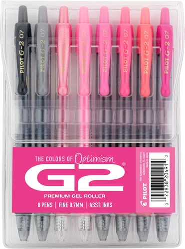 Bolígrafos de gel Pilot G2 Premium, bolígrafos de gel de punta fina, paquete rosa Boost, los colores del optimismo, paquete de 8 unidades, 0.7 mm,