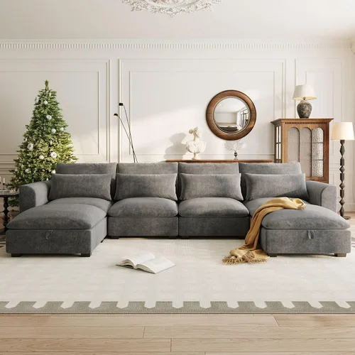 Miniatura 14 de Sofá modular de gran tamaño, moderno en forma de U, tapizado en pana suave con una tumbona para sala de estar