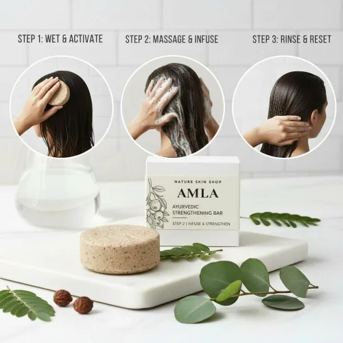Miniatura 6 de Nature Skin Shop Barra de champú Amla, fórmula ayurvédica para el crecimiento y la fuerza del cabello, con Shikakai para un cabello más completo