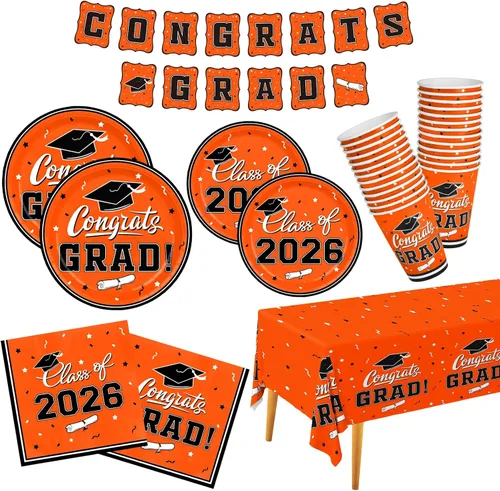 Miniatura 9 de Gatherfun suministros para fiesta de graduación 2022, para 25 comensales, vajilla roja y desechable de papel, con platos, servilletas, vasos, mantel