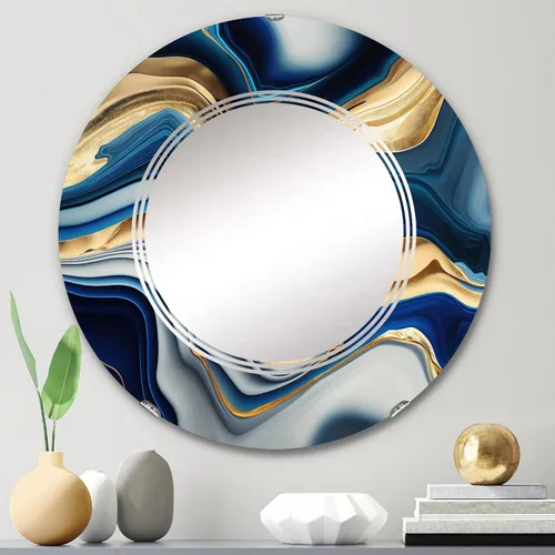 Miniatura 2 de DesignQ Modern wall mirror, Oval Modern mirror, Round Blue bathroom mirror, Abstract Transitional vanity mirror Vibrant Agate in Blue and Gold II